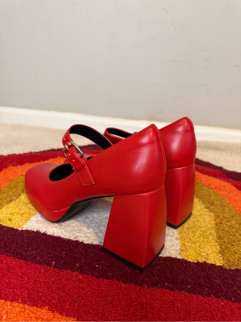 Red Mary Jane Block Heel Pumps with Buckle Strap